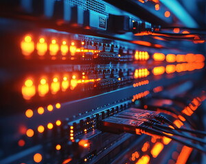 High tech data center featuring glowing cables and advanced technology, showcasing vibrant orange lights and intricate connections