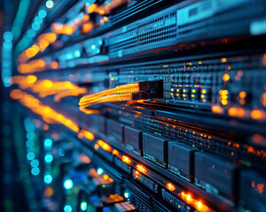 High tech data center featuring glowing cables and advanced technology, showcasing intricate connections and vibrant lights