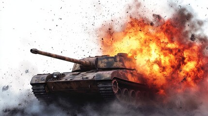 Realistic 3D render of a panzer exploding in flames and smoke