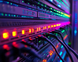 High tech data center showcasing glowing cables and advanced technology. vibrant lights create dynamic atmosphere, emphasizing complexity of modern data management