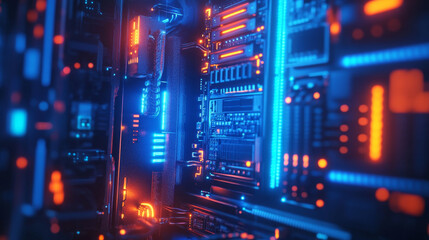 High tech data center with vibrant blue and orange glow from cables, showcasing advanced technology and intricate circuitry