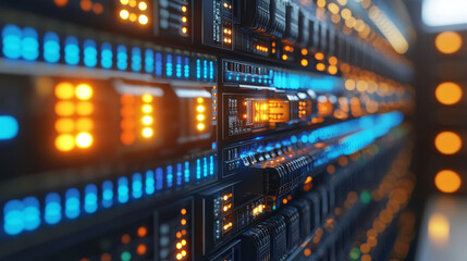 High tech data center with vibrant blue and orange lights illuminating servers, showcasing advanced technology and connectivity