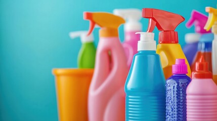 Various cleaning supplies are organized and ready for an efficient office cleanup in a vibrant workspace setting