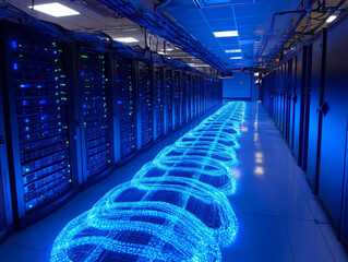 High tech data center with glowing blue cables illuminating aisle, showcasing advanced technology and modern infrastructure