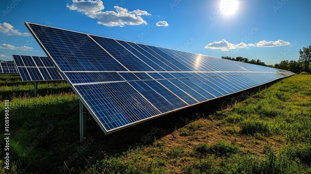 Poster A large array of solar panels stands in a grassy field, reflecting sunlight. The scene is under a clear blue sky with a few clouds, showcasing renewable energy in action.