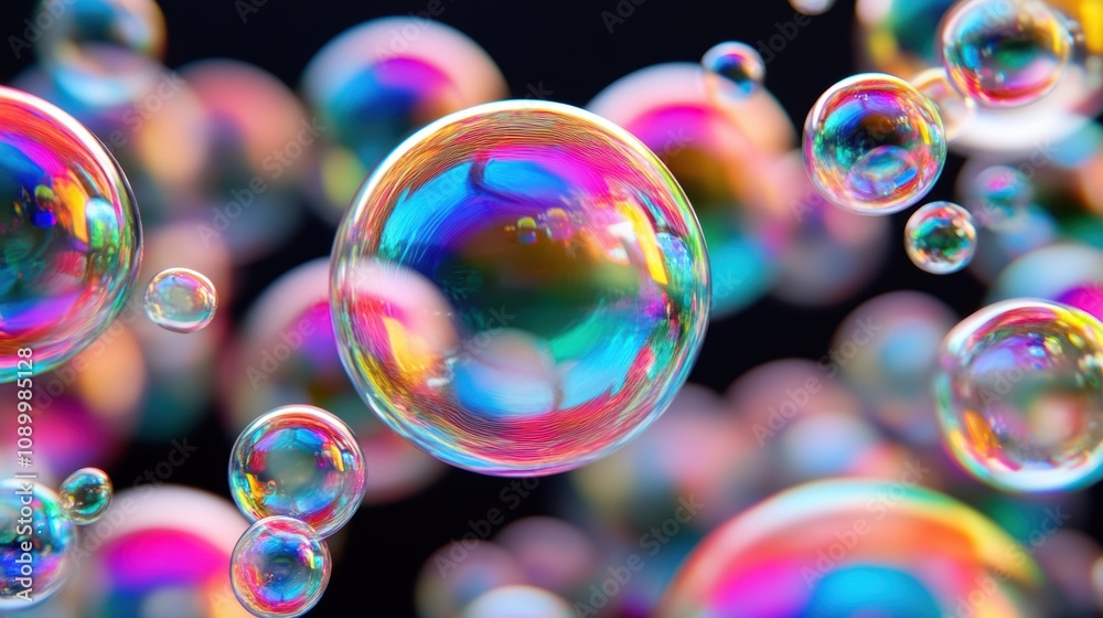 Poster vibrant bubbles float gracefully against a dark background, reflecting an array of colors that creat