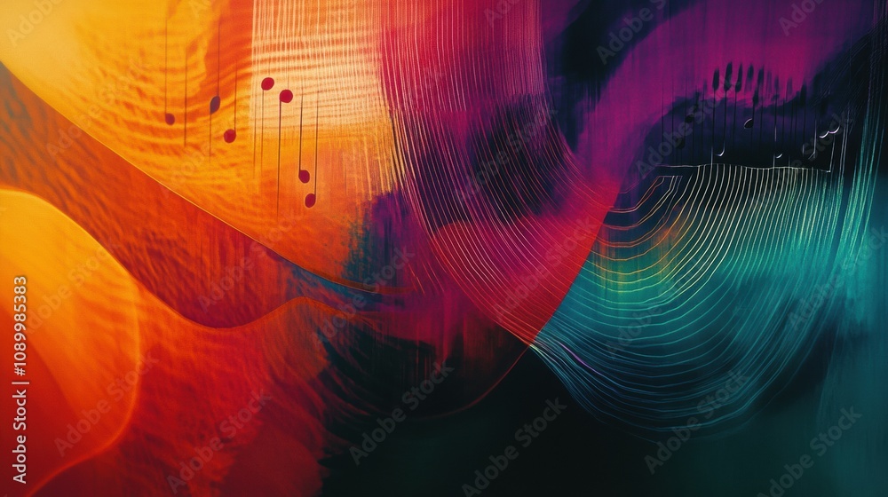 Aufkleber Colorful swirls illustrate the dynamic flow of sound waves, musical notes, and instruments, creating a striking visual harmony. Generative AI