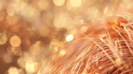 Fototapeta premium Copper wires reflect light with sparkling highlights, showcasing their shimmering allure against a soft, golden background