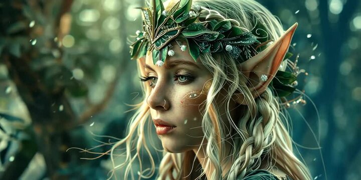 Charming elf with pointed ears in a mystical forest, 4K . Video