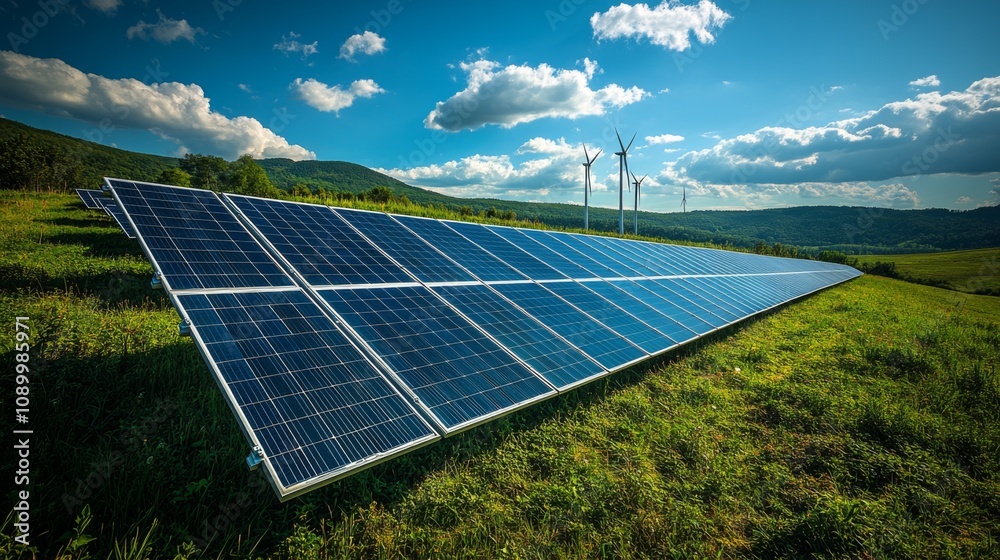 Poster a field is filled with solar panels reflecting sunlight, while wind turbines stand in the distance a
