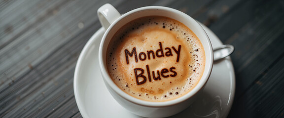 Coffee cup with "Monday Blues" latte art on wooden table