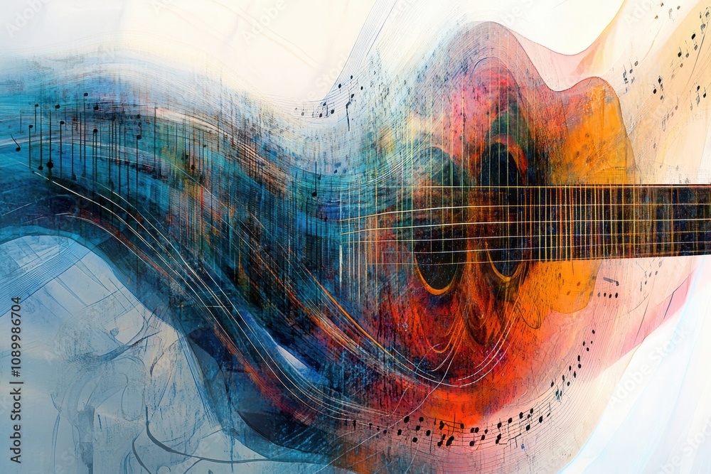 Poster Colorful threads of sound waves intertwine with guitar shapes and musical notes, creating a dynamic and harmonious visual representation of music. Generative AI