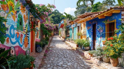 Fototapeta premium Colorful street with vibrant murals and lush greenery.