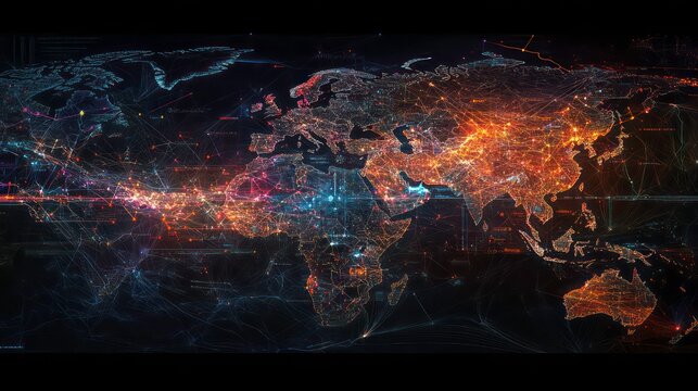 Conceptual map visualizing the global interconnectedness of Saudi Arabia in the Middle East and North Africa, emphasizing data transfer, cyber technology, information exchange, and telecommunication.