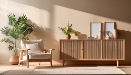 Fototapeta premium Cozy modern living room with sunlight, featuring a stylish armchair and wooden cabinet with plant on a beige wall background. 3D Rendering