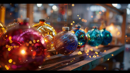 Crafting Colorful Decorative Glass Ornaments: A vibrant studio scene of artisans creating beautiful glass ornaments, showcasing the intricate beauty of glass artistry.
