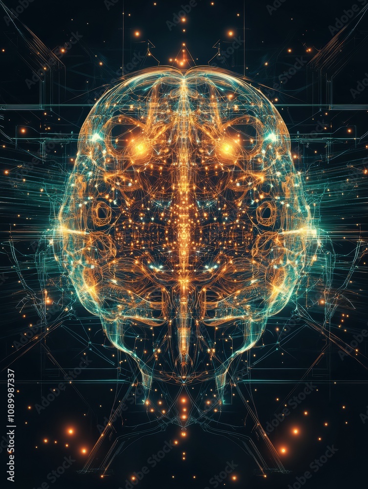 Poster colorful digital brain design showcases complex neural connections and glowing elements, reflecting 