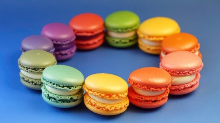 Fototapeta premium Colorful macarons arranged in a circle on a blue background. (2)