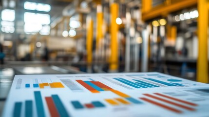 A close-up shot of a data analysis report with bar charts and graphs. The report is on a table with a blurred background of an industrial factory or manufacturing plant.