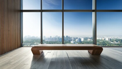Fototapeta premium Modern bench in minimalist interior with city view. 3D Rendering
