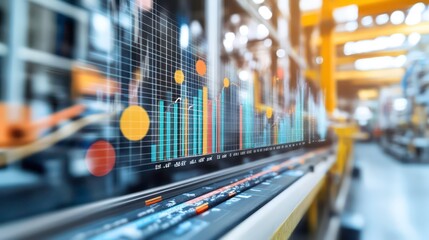 Colorful graphs and charts in a factory setting showcase industrial IoT solutions, boosting productivity.