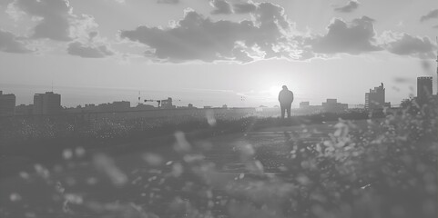 A silhouette of a person standing on a rooftop at sunset, surrounded by city buildings and clouds.
