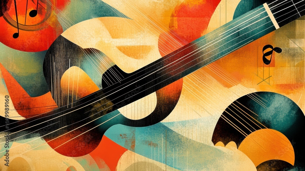 Aufkleber This artwork showcases an abstract interpretation of sound waves, intertwining musical notes and instruments, creating a vibrant visual symphony. Generative AI
