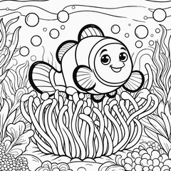Fototapeta premium Clownfish in the ocean colouring book 