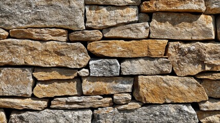 Fototapeta premium Rustic dry-stone wall texture, various shades of brown and beige stones.