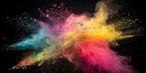 Obraz premium Explosion of colored powder on black background, top view, celebration, vibrant, colorful, abstract, festival, party, powder