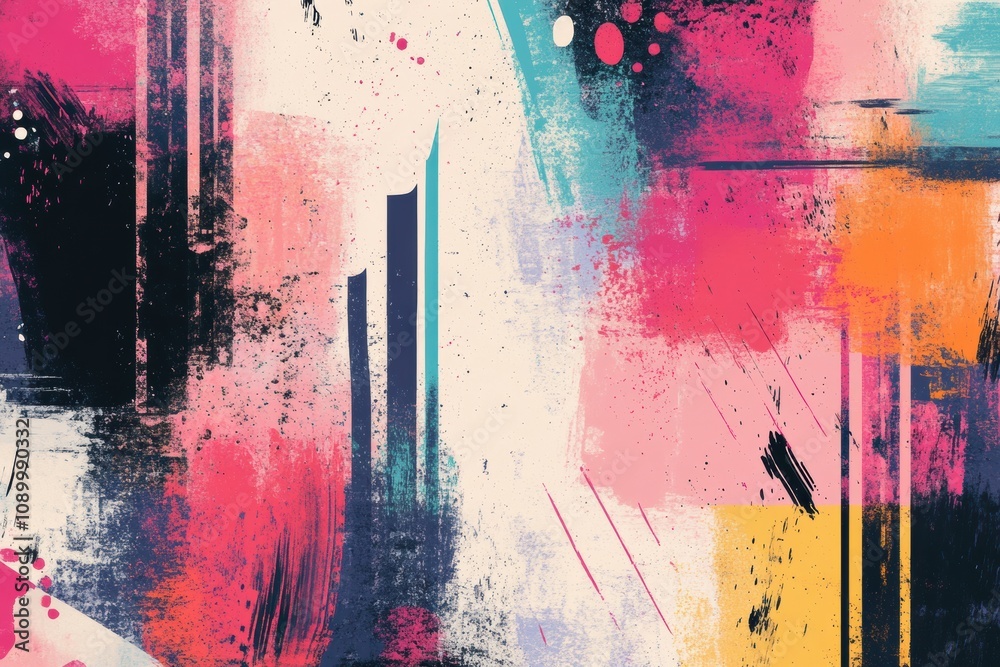 Leinwandbilder Vibrant abstract design featuring dynamic paint strokes and geometric shapes in various colors, creating an energetic and artistic expression. Generative AI