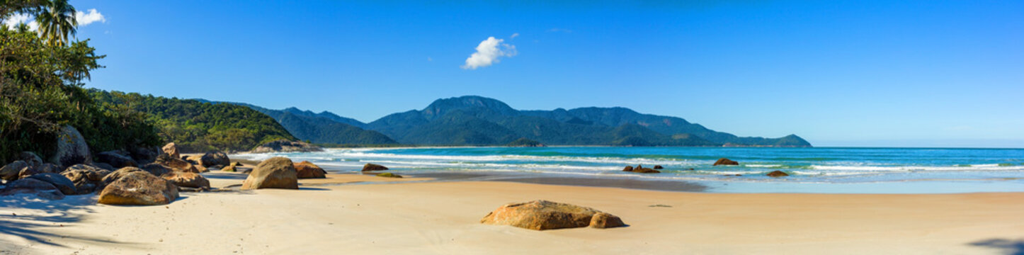 Panoramic view of Aventureiro beach, view of this tropical paradise on Ilha Grande with white sand and blue sky in the city of Angra dos Reis in Rio de Janeiro, Brazil