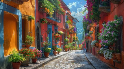 Fototapeta premium Colorful cobblestone street adorned with flowers and vibrant buildings.