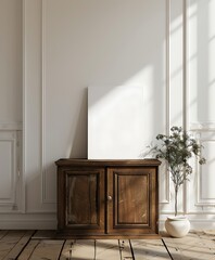 Fototapeta premium Frame mock up on Living Room, Minimalist Corner with Soft Shadows and Artistic Decor- Generative Ai