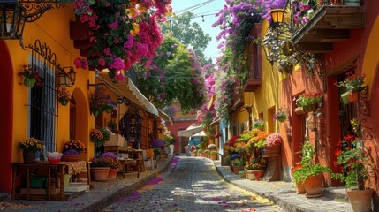 Fototapeta premium A vibrant, flower-filled street showcasing colorful architecture.