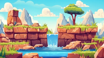Cartoon Landscape with Waterfall and Mountains