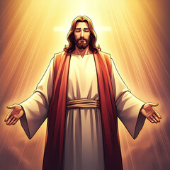 Jesus Christ standing with open outstretched arms heavenly light background illustration