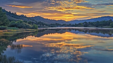 Naklejka premium Serene sunrise over calm lake reflecting colorful sky and hills.