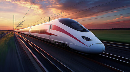 High-speed train, white and red color scheme, speeding along the track, sunset sky in the background