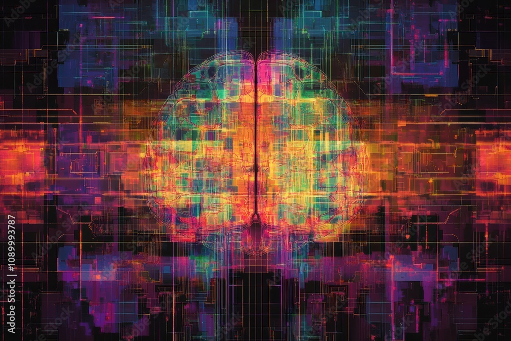 Poster Vibrant abstract representation of a brain filled with intricate patterns and colors, symbolizing neural networks and digital intelligence. Generative AI