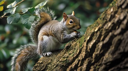 Obraz premium Adult squirrel on tree trunk, feeding Surrey, England, Great Britain