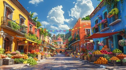 Naklejka premium Vibrant market street filled with colorful fruits and flowers.