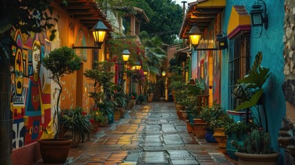 Fototapeta premium Colorful alleyway with vibrant murals and lush plants.