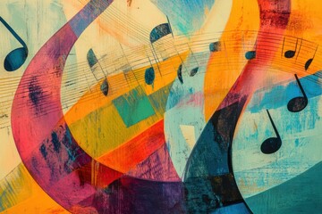 Fototapeta premium Colorful representation showcases sound waves flowing with musical notes, highlighting the rhythm and energy of music in an abstract manner. Generative AI