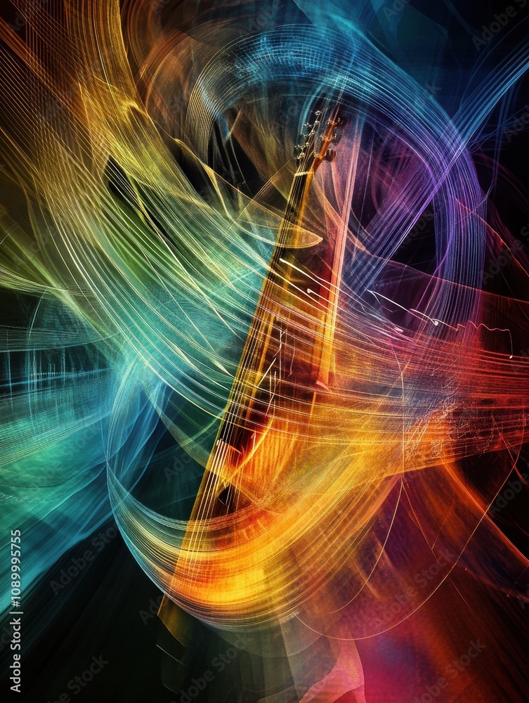 Poster Dynamic visual composition blending sound waves, musical notes, and instruments in a colorful and energetic display of rhythm. Generative AI