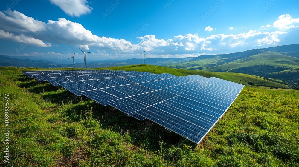 Aufkleber rows of solar panels lie on a green hillside, capturing sunlight while wind turbines turn in the dis