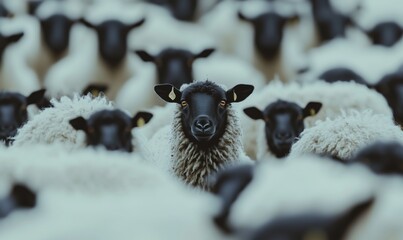 Sheep herd with black-faced sheep in focus, surrounded by white woolly sheep, showcasing rural livestock, farm life, and animal behavior.