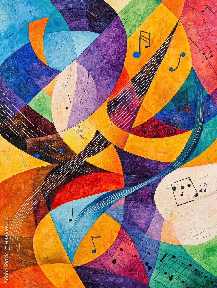 Poster vibrant colors swirl together to depict an abstract representation of sound waves and musical notes,
