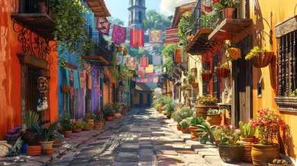 Fototapeta premium Colorful street scene with vibrant buildings and potted plants.