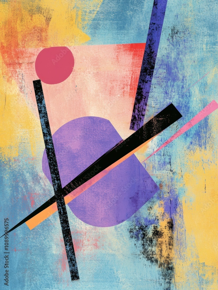Fototapete Colorful abstract design showcases energetic paint strokes alongside bold geometric shapes that create visual interest and depth. Generative AI